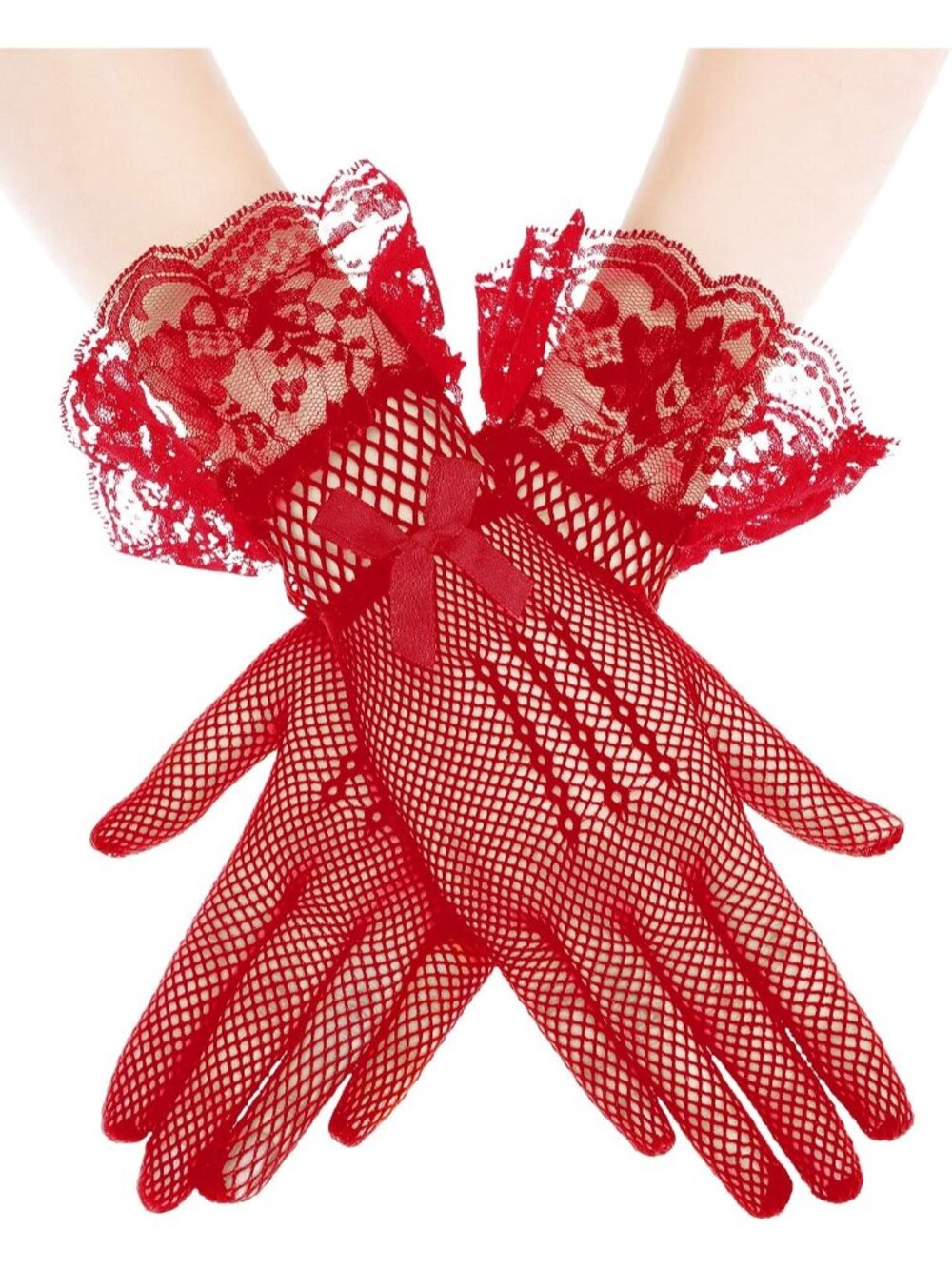 Women Red Fishnet Diamond Pattern Ruffled Cuff Satin Ribbon Short Lace Gloves